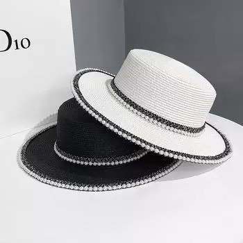 Французская ретро-соломенная шляпа с жемчугом для женщин, защита от солнца, летняя пляжная прогулка, защита от ультрафиолета Adjustable белый