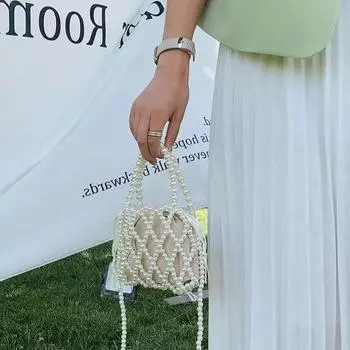 Французская ретро-сумка-ведро из бисера, плетеная сумка-ведро, переносная сумка-мессенджер, летняя сумка с нишевым дизайном и полым жемчугом