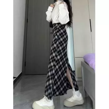 Французская ретро юбка осень-зима с высокой талией, клетчатая юбка с полированным узором, женская юбка-рыбий хвост, длинная юбка с разрезом на бедрах S