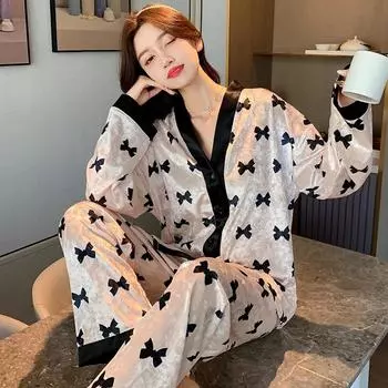 Французская романтическая элегантная женская пижама с бантом и принтом, модная женская шикарная флисовая ночная рубашка 2024 года, новая домашняя одежда для сна на осень-зиму L абрикосовый