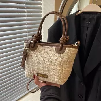 Французская ручная тканая сумка из травы для женщин, новинка 2024 года, модная художественная тканая сумка, универсальная сумка через плечо на одно плечо, сумка-ведро для воды