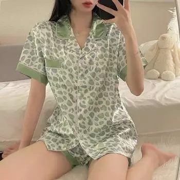 Французская сексуальная кружевная зеленая леопардовая женская пижама романтическая Y2k трендовая модная 2 шт пижамы новая летняя элегантная женская ночная рубашка M зелёный