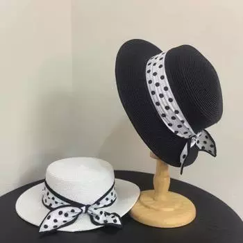 Французская шляпа с плоским верхом, женская соломенная шляпа с бантом, японская простая соломенная шляпа в горошек, женская солнцезащитная шляпа для отдыха на море, пляжная шляпа M56-58cm белый