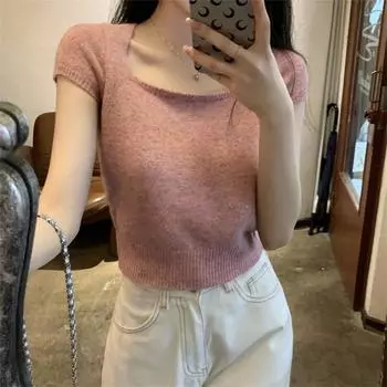 Французская сладкая и пряная женская летняя новая узкая трикотажная футболка с коротким рукавом в стиле Pure Lust, тонкий студенческий топ с квадратным вырезом One size