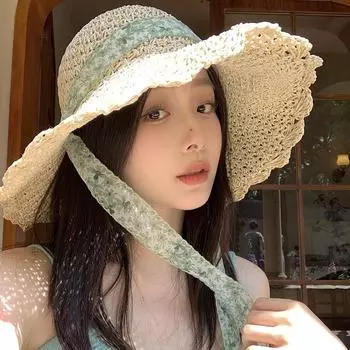 Французская соломенная шляпа с цветочным кружевом, завязанная на солнышке, женская летняя пляжная шляпа для отдыха на море, солнцезащитный крем, полая соломенная шляпа от солнца Average size (54-59cm) бежевый
