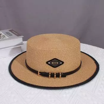 Французская соломенная шляпа с плоским краем, женская летняя британская шляпа с плоским верхом, повседневная солнцезащитная шляпа для путешествий и отпуска M 56-58cm хаки