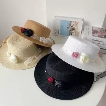 Французская соломенная шляпа с плоским верхом, женская летняя соломенная шляпа с цветочным кружевом, пляжная шляпа от солнца на берегу моря M56-58cm чёрный