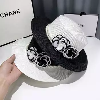 Французская соломенная шляпа с плоским верхом, женская летняя соломенная шляпа с цветочным жемчугом, пляжная шляпа от солнца для отдыха на море Adjustable