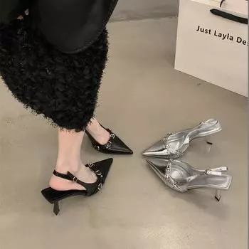 Французская сумка-голова босоножки на высоком каблуке с неглубоким ртом весна 2024 новые модели пустые тонкие каблуки темперамент знаменитости заостренные одинарные туфли женская обувь 35 чёрный