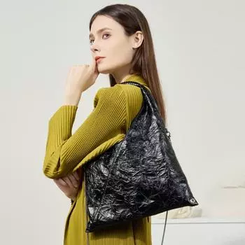 Французская свободная плиссированная сумка-тоут с треугольным ремешком, женская, легкая, с верхним слоем из кожи, сумка через плечо под мышкой 43*33*2 чёрный