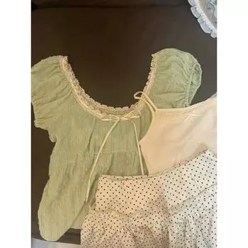 Французская текстура кружева с пышными рукавами футболка женская летняя сексуальная приталенная облегающая жилетка на бретельках топ комплект из двух предметов S зелёный