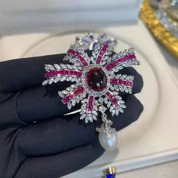 Французская тяжелая промышленность бахрома бант медная брошь аксессуары премиум инкрустированный сапфир дамский корсаж одежда высокого класса красный