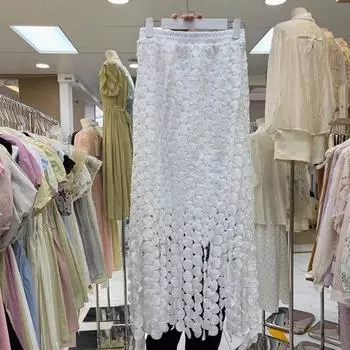 Французская юбка-слово с ажурным узором 2025 года, новая модная юбка с высокой талией и бахромой, женская юбка с нерегулярным покроем average size белый