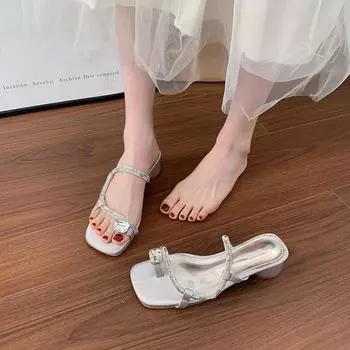 Французская верхняя одежда на низком каблуке пляжные тапочки сказочные туфли новые летние босоножки на плоской подошве темпераментные босоножки с узким носком босоножки на высоком каблуке 35 серебряный