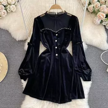 Французская винтажная бархатная юбка с длинными рукавами и воротником-стойкой, дизайн с чувственной талией, утягивающая бархатная юбка M чёрный