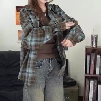 Французская винтажная клетчатая рубашка для девочек, всесезонный повседневный свободный женский топ с длинным рукавом и воротником-лацканами, блузки M зелёный