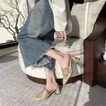 Французская внешняя торговля большого размера на толстом высоком каблуке, женские тапочки-мешки на весну 2025 года, новая модная одежда с квадратной головкой, женские полутапочки 35 чёрный