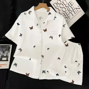 Французская высококачественная пижама из ледяного шелка с бабочками, женская летняя с коротким рукавом, кардиган, комплект из двух предметов для дома M