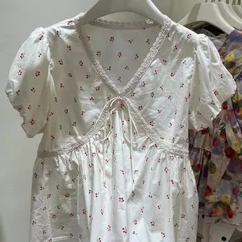 Французская женская рубашка с v-образным вырезом и галстуком-бабочкой, летняя женская блузка с кружевным краем и милой вышивкой, Blusas Top с пышными рукавами S