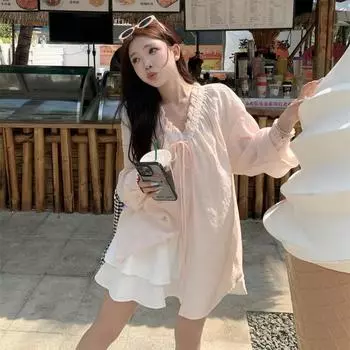 Французская женская рубашка с v-образным вырезом, тонкая весенне-летняя свободная блузка с солнцезащитным кремом и длинными рукавами, нежный и элегантный женский топ L хаки