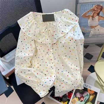 Французская женская рубашка с воротником Питера Пэна, красочная милая блузка в горошек, осень-зима, корейские женские топы с длинными рукавами L абрикосовый