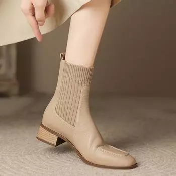 Французские эластичные носки, женские, на толстом каблуке, темпераментные, вязаные, квадратные, короткие, сращивающиеся, абрикосовые, на среднем каблуке, осенние 34 абрикосовый