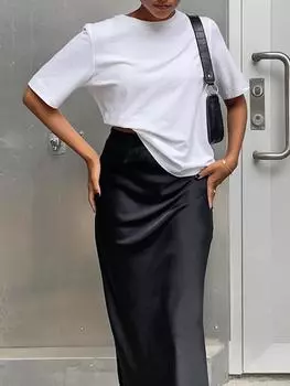 Французские элегантные атласные черные юбки-трубы, женские новые модные тонкие юбки с высокой талией, женские однотонные офисные длинные юбки, весна-лето S чёрный