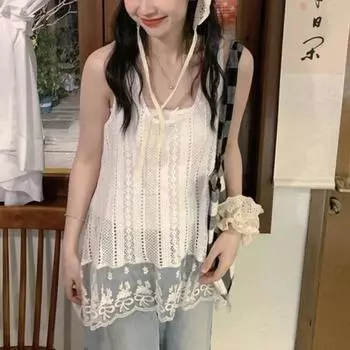 Французские элегантные майки без рукавов, перекрывающиеся женские летние новые шикарные дизайнерские кружевные длинные жилеты, корейские модные свободные топы, уличная одежда S белый