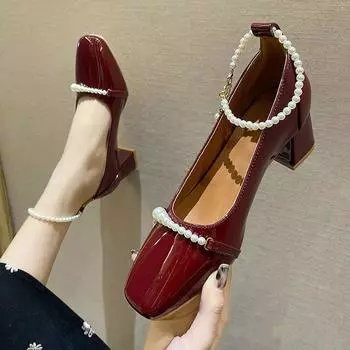 Французские элегантные туфли на высоком каблуке, женские туфли с жемчужным декором, туфли принцессы 35 красный