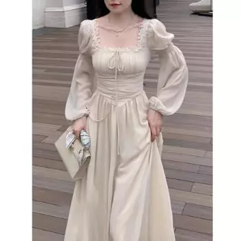 Французские элегантные вечерние платья принцессы миди для женщин, осенние тонкие бандажные платья с длинными рукавами, корейская весенняя одежда XL синий