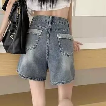 Французские эстетические винтажные мешковатые джинсовые шорты, женские летние ретро широкие джинсы, брюки, уличная одежда, синие повседневные модные брюки с высокой талией S синий