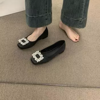 Французские атласные туфли на плоской подошве с квадратной пряжкой и стразами для женщин, весна 2025, новые вечерние туфли для легкого ветра 35 чёрный