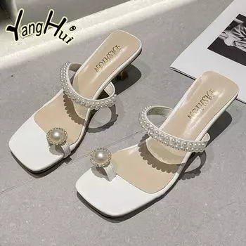 Французские аксессуары из жемчуга, изящные туфли на высоком каблуке, туфли-лодочки Sheos 2024, новые модные однотонные простые универсальные современные тапочки для женщин, лето 35 чёрный