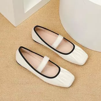 Французские балетки Мэри Джейн Темперамент с плиссировкой и неглубоким носком на плоской подошве Женская обувь Мягкая 35 белый