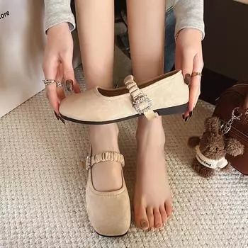 Французские балетки с квадратной головкой и неглубоким горлом, женские туфли Мэри Джейн, новинка 2025 года, однотонные, со стразами и юбкой, туфли Doudou 35 хаки