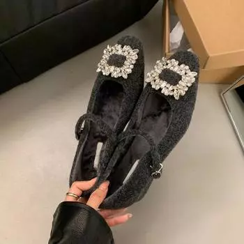 Французские бархатные женские туфли Мэри Джейн на толстом каблуке, женские туфли-одиночки 2024 года, новые осенне-зимние теплые туфли, пушистые туфли, женская зимняя одежда 35 чёрный