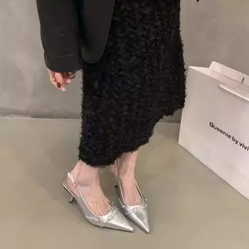 Французские босоножки-мешки черного цвета на шпильках, новинка весны и лета 2024 года, серебристые одинарные туфли с острыми каблуками 35 чёрный