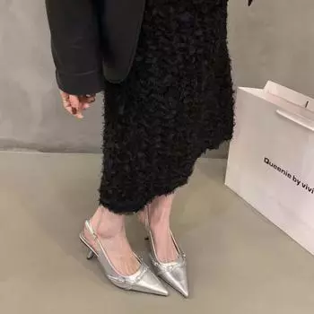 Французские босоножки-мешки черного цвета на шпильках, новинка весны и лета 2024 года, серебристые одинарные туфли с острыми каблуками 35 чёрный