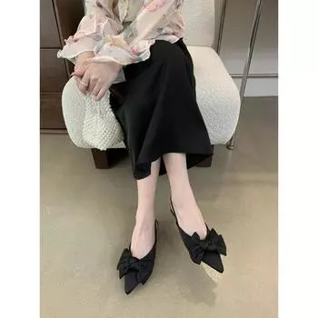 Французские босоножки-мешки на низком каблуке, женская обувь, весна 2025, новинка, интернет-знаменитость, бант, стиль феи, универсальная обувь 35 чёрный