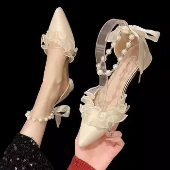 Французские босоножки на блочном каблуке с острым носком, женские весенние босоножки с жемчужным вырезом на каблуке 35 белый