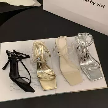 Французские босоножки на высоком каблуке, сказочные туфли 2024 года, новые летние темпераментные черные туфли на шпильке с ремешком в римском стиле 35 чёрный