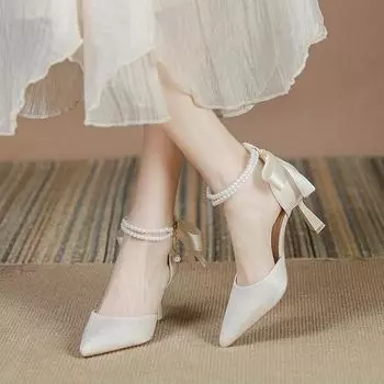 Французские босоножки Niche Temperament Socialite Autumn Pearl Bow Super Fairy High Heels 34 бордовый
