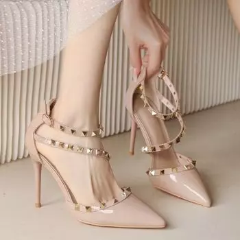 Французские босоножки премиум-класса женские с одним словом пряжка с заостренной головкой темперамент знаменитости лакированная кожа тонкий каблук заклепки сексуальные высокие каблуки 34