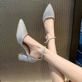 Французские босоножки с головкой-мешком женские 2024 новые туфли на среднем каблуке с острым носком женские босоножки с одним словом на толстом каблуке с высоким каблуком 34 серебряный