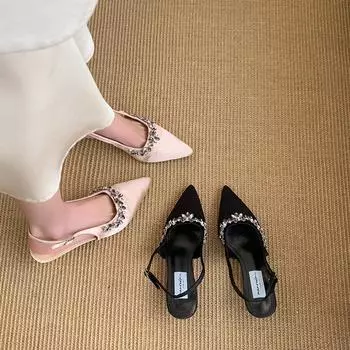 Французские босоножки телесного цвета с острым носком на высоком каблуке, женская новая летняя одежда, универсальные задние пустые стразы, маленькие ароматные ветряные босоножки с мешком на голове 35 абрикосовый