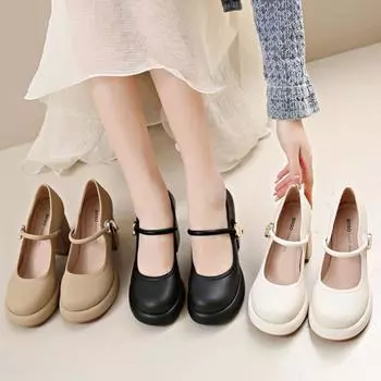 Французские британские туфли Мэри Джейн с одним ремешком, маленькие кожаные туфли на высоком каблуке, туфли на толстом каблуке 35 чёрный