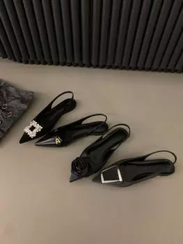 Французские черные босоножки-мешки на плоской подошве, новинка весны и лета 2025 года, темпераментные одинарные туфли с острым носком и стразами 35