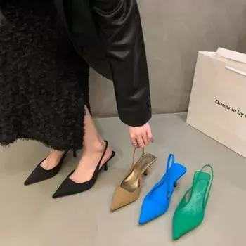 Французские черные босоножки-мешки на высоком каблуке, туфли-феи, весна-лето 2025, нишевая обувь из атласа с острым носком 35 чёрный