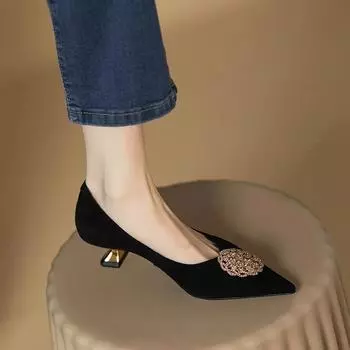 Французские черные туфли на среднем каблуке женские удобные офисные и профессиональные туфли из мягкой кожи и замши с острым носком туфли-лодочки Zapatos 34 чёрный