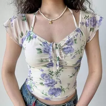 Французские цветочные сетчатые блузки с V-образным вырезом, женские ретро-футболки с короткими рукавами, узкие летние модные винтажные топы с рюшами L фиолетовый
